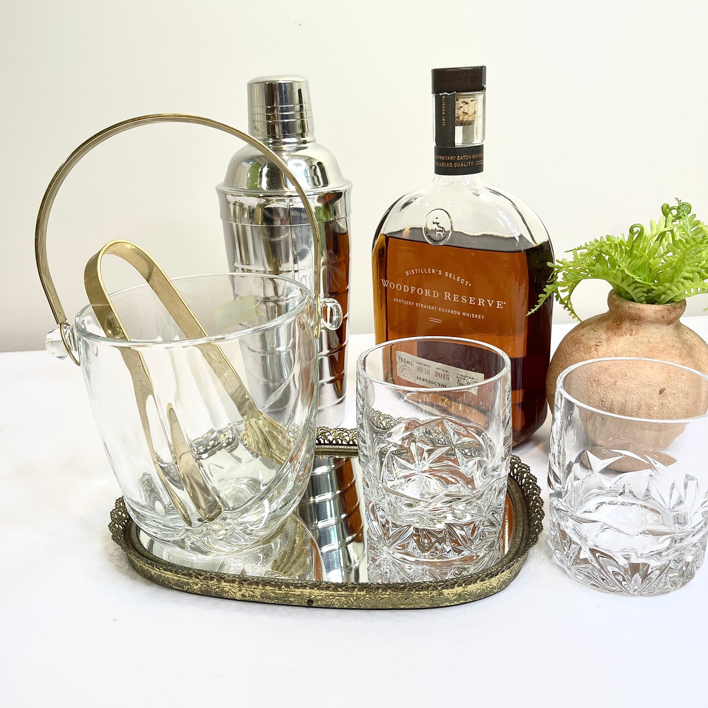 Crystal Ice Bucket with Gold Handle and Tongs