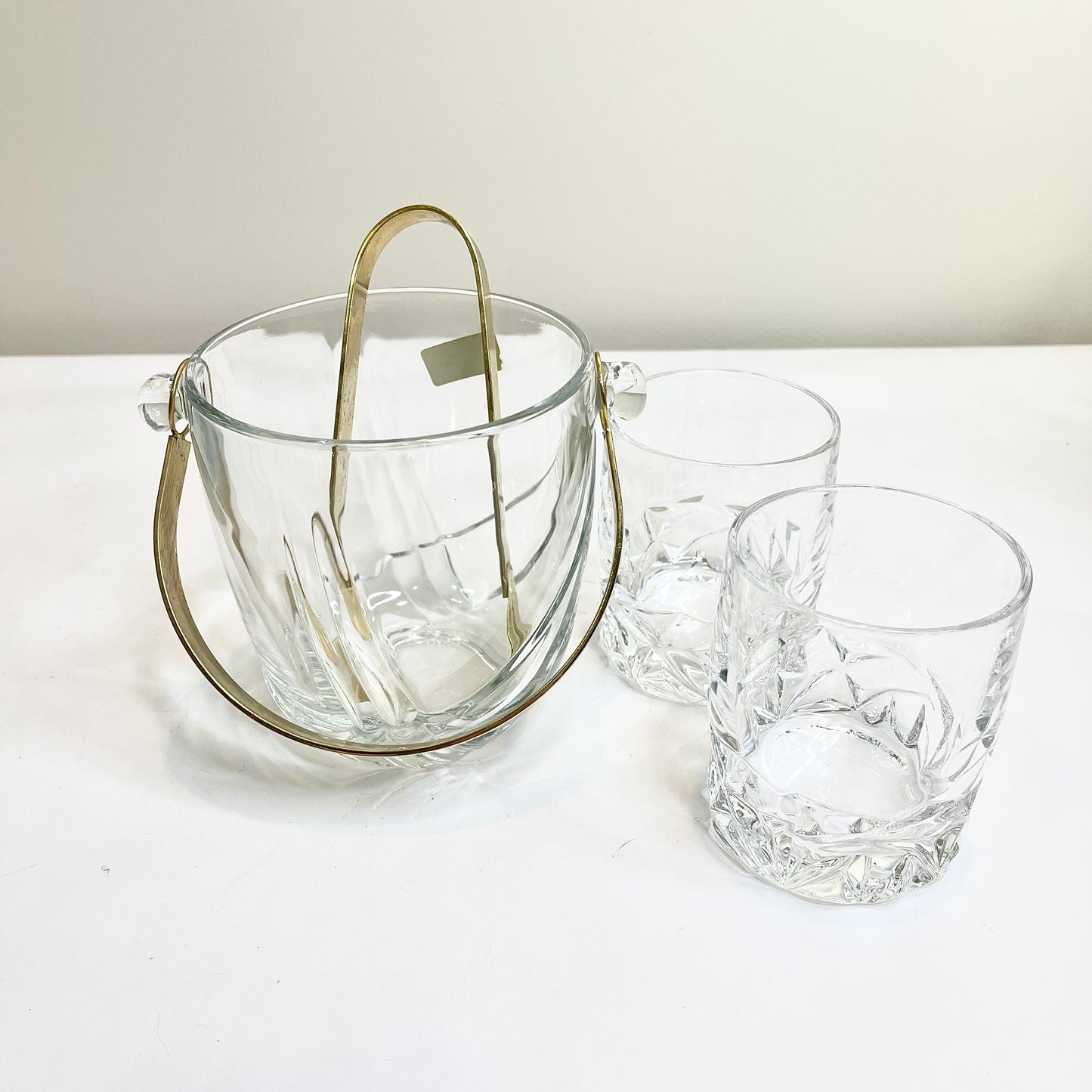 Crystal Ice Bucket with Gold Handle and Tongs
