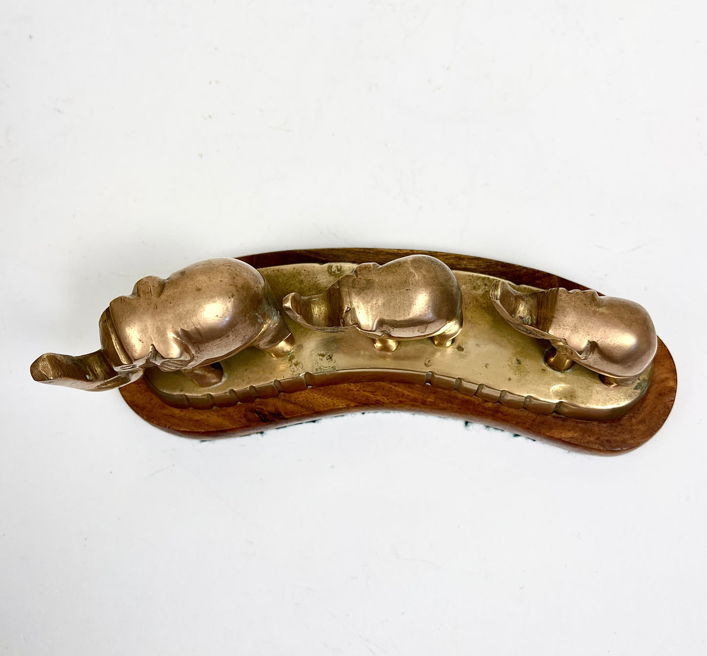 Vintage Brass Elephants on Curved Wood Base