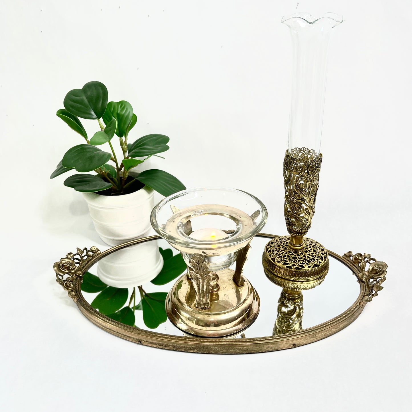 Vintage Brass and Glass Art Deco Style Tea Light Holder
