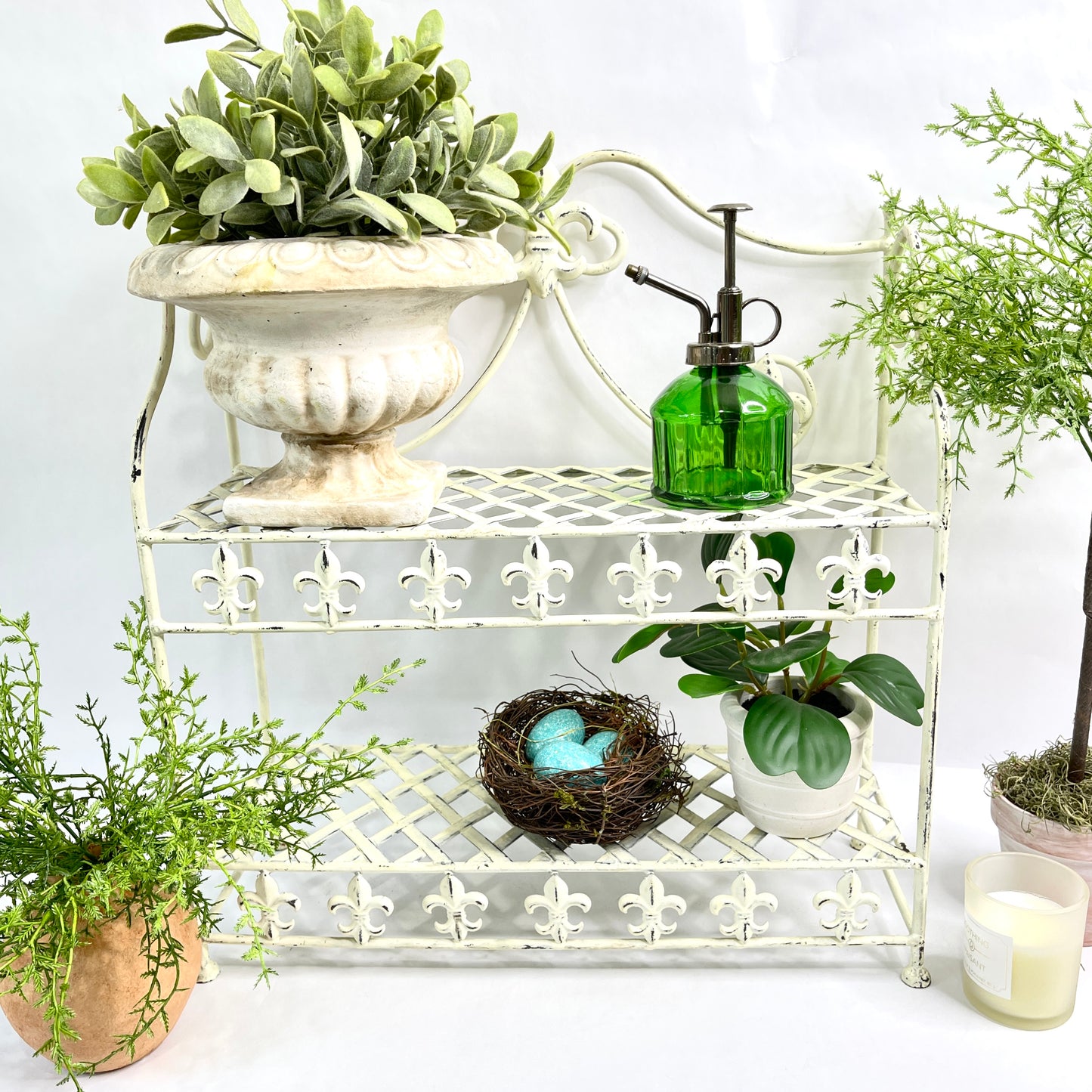 Vintage White Wrought Iron Fleur di Lis Shelf