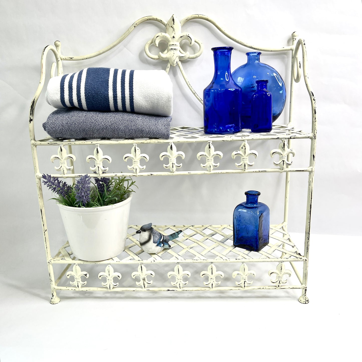 Vintage White Wrought Iron Fleur di Lis Shelf