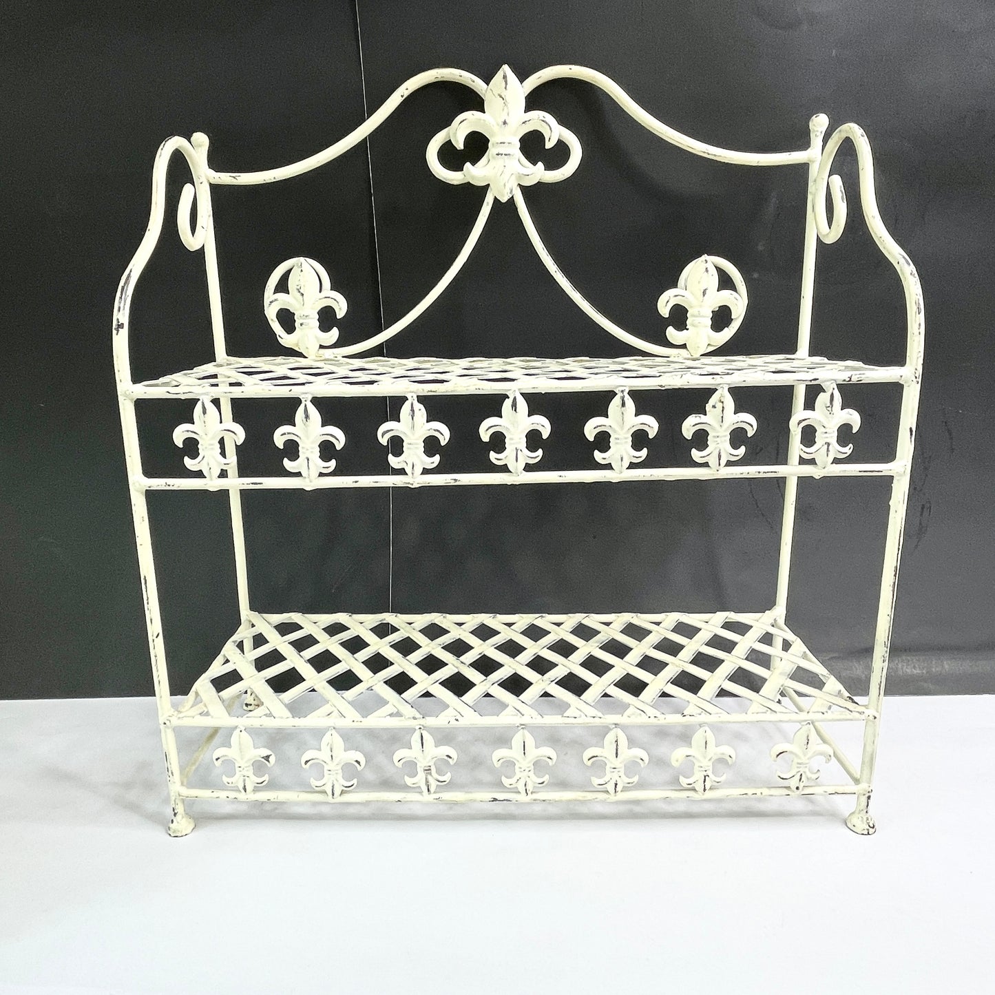 Vintage White Wrought Iron Fleur di Lis Shelf