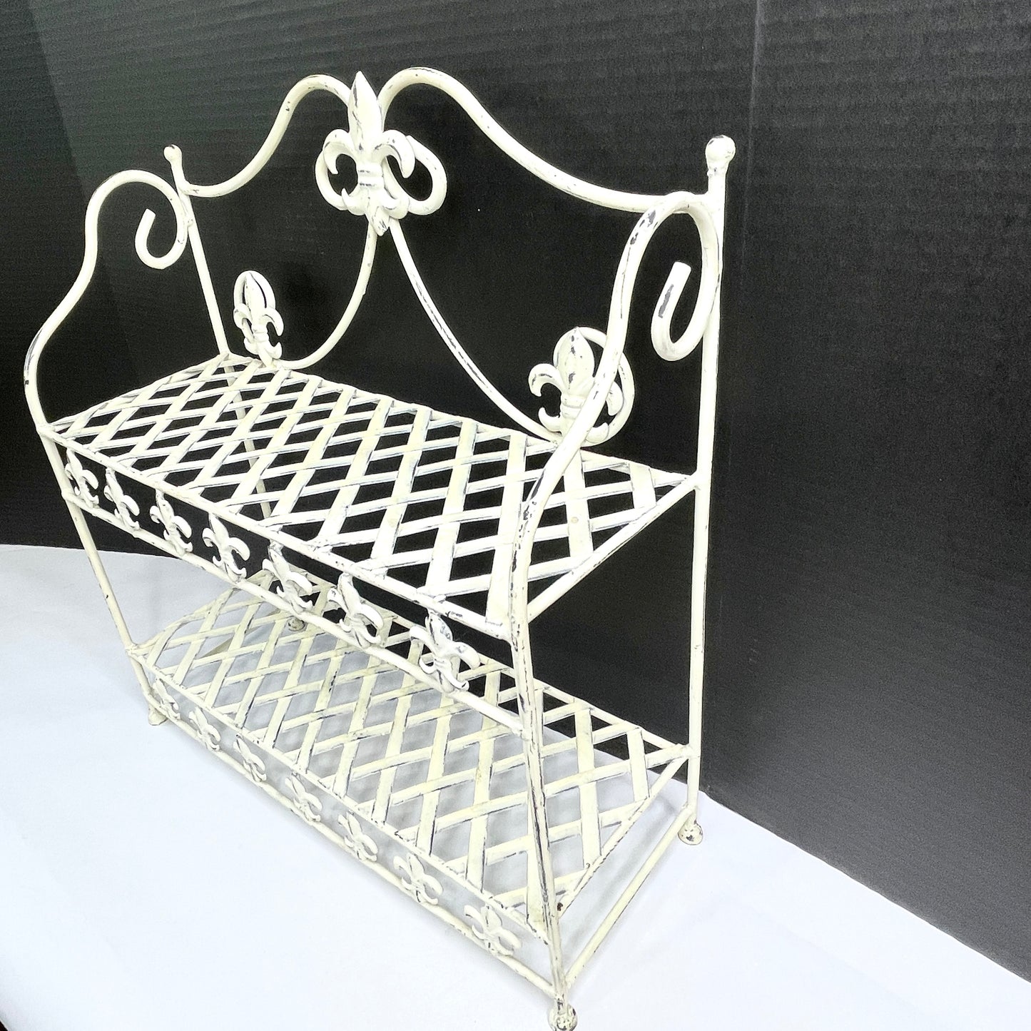 Vintage White Wrought Iron Fleur di Lis Shelf