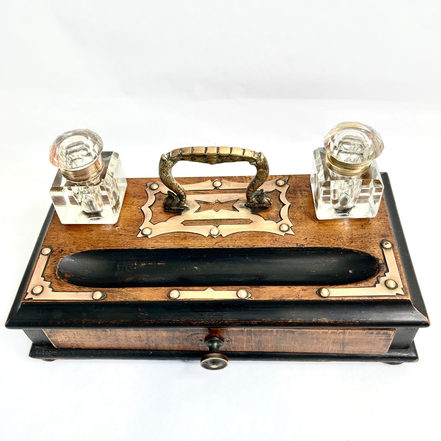Vintage Wooden Desk Tray with Inkwells