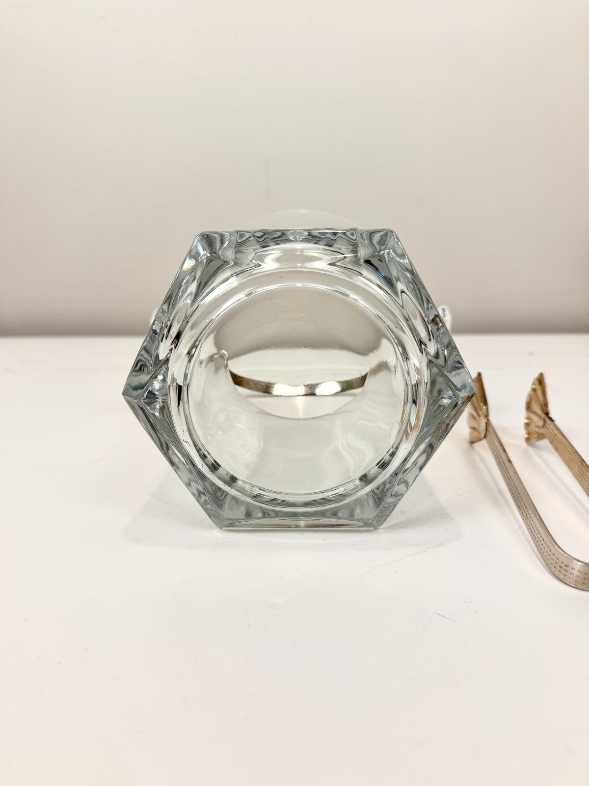 Vintage Glass Ice Bucket: Cocktail Hour Barware with Brass Tone Handle and Tongs