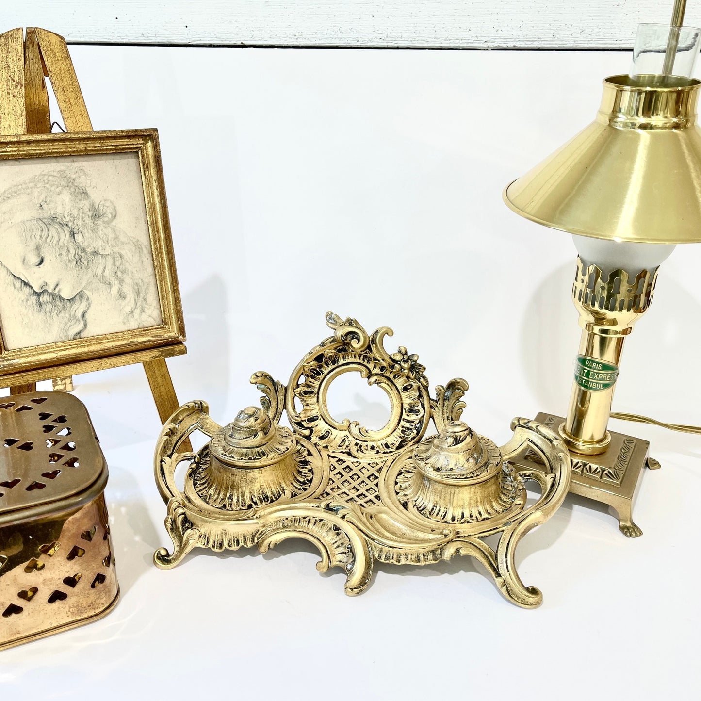 Vintage Brass Double Inkwell