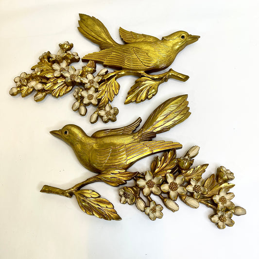 Vintage Syroco Gold Bird Pair on Flowering Branch