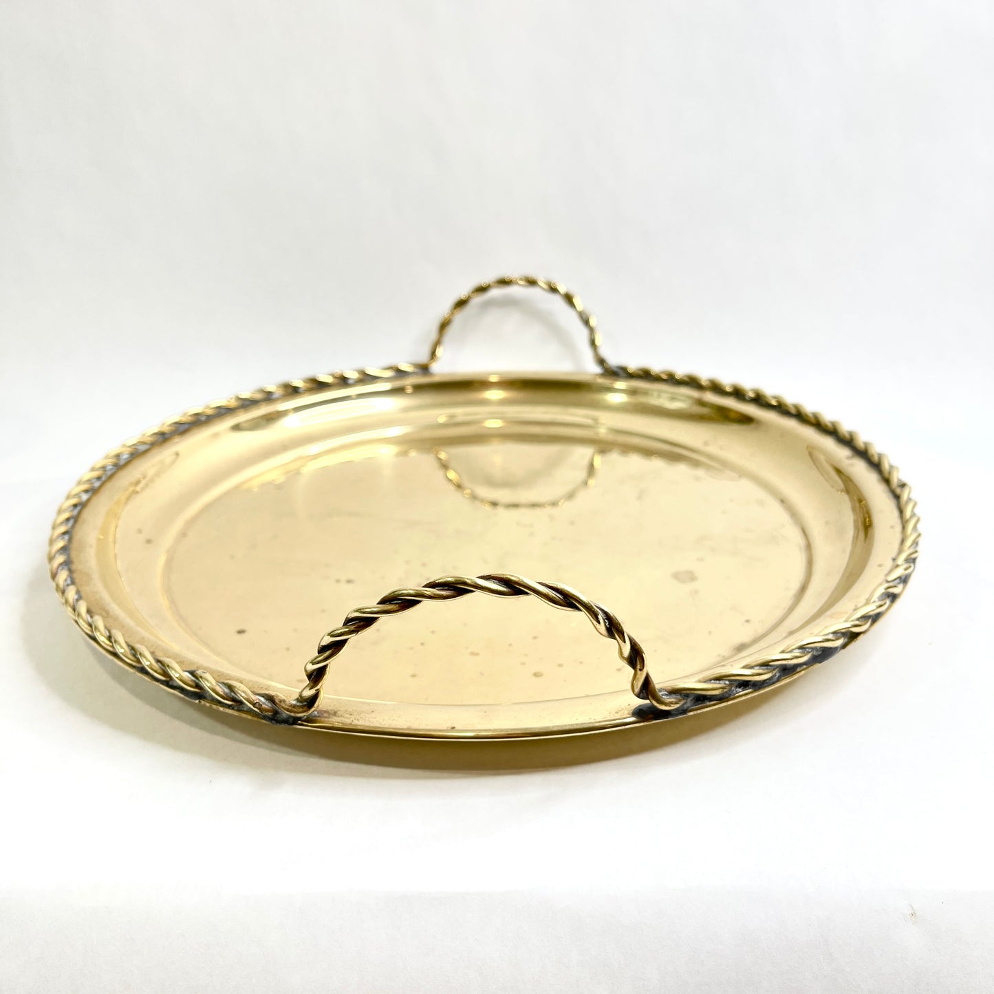 Vintage Brass Round Tray with Handles for Cocktail Serving or Barware