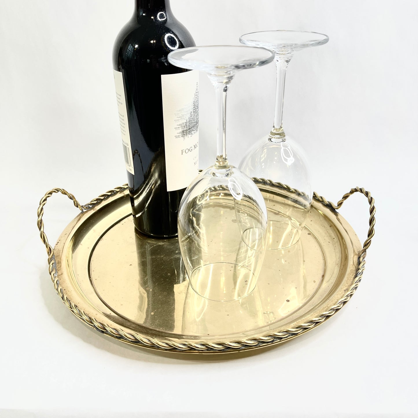Vintage Brass Round Tray with Handles for Cocktail Serving or Barware
