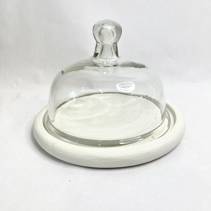 Vintage Cheese Server with Glass Cloche and Wood Tray