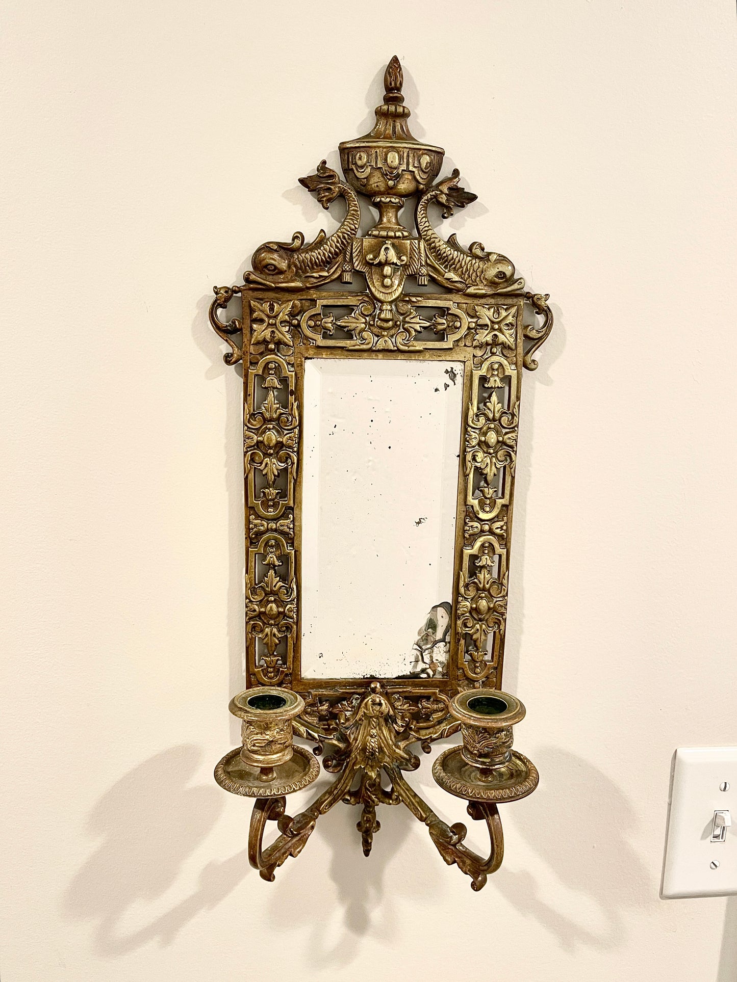 Antique Bronze Mirror with Two Candle Sconces