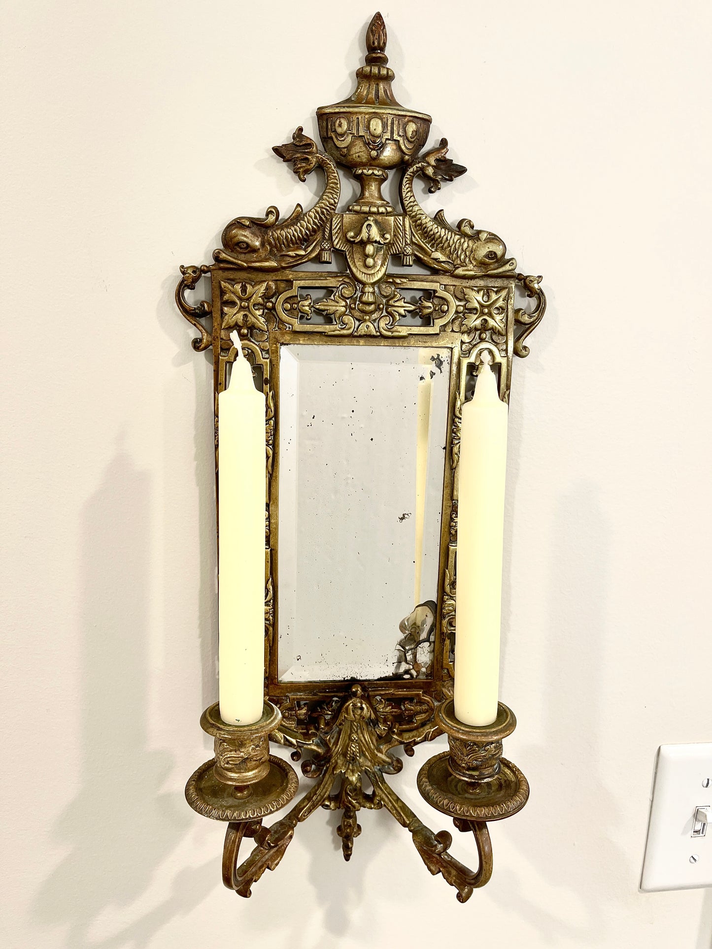 Antique Bronze Mirror with Two Candle Sconces
