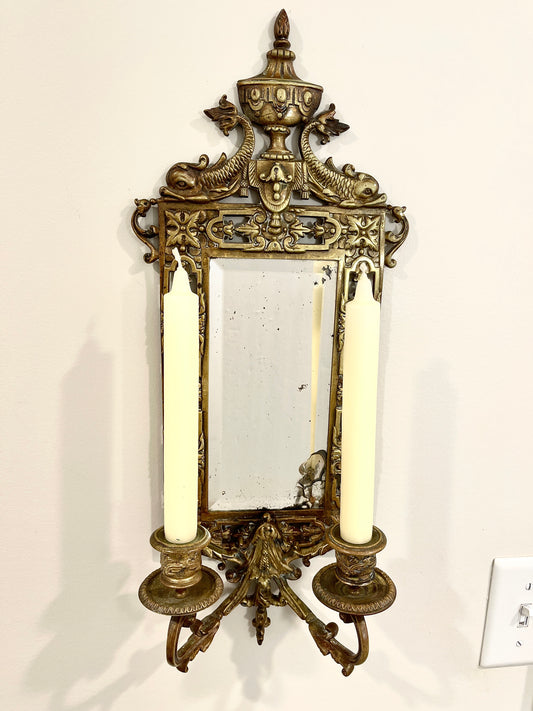 Antique Bronze Mirror with Two Candle Sconces