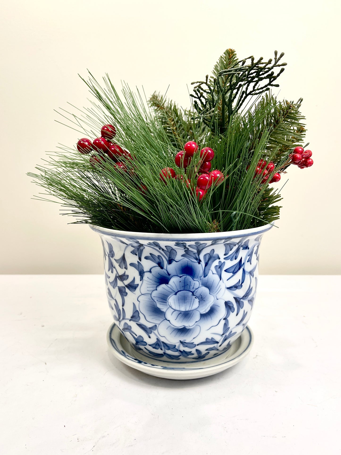 Blue and White Planter with Saucer