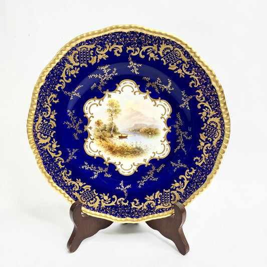 Antique Coalport Signed Cobalt and Gold Plate with Scenic Image