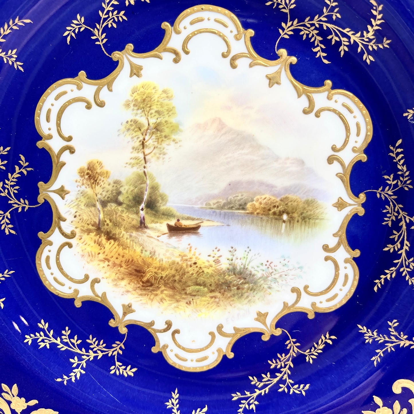 Antique Coalport Signed Cobalt and Gold Plate with Scenic Image