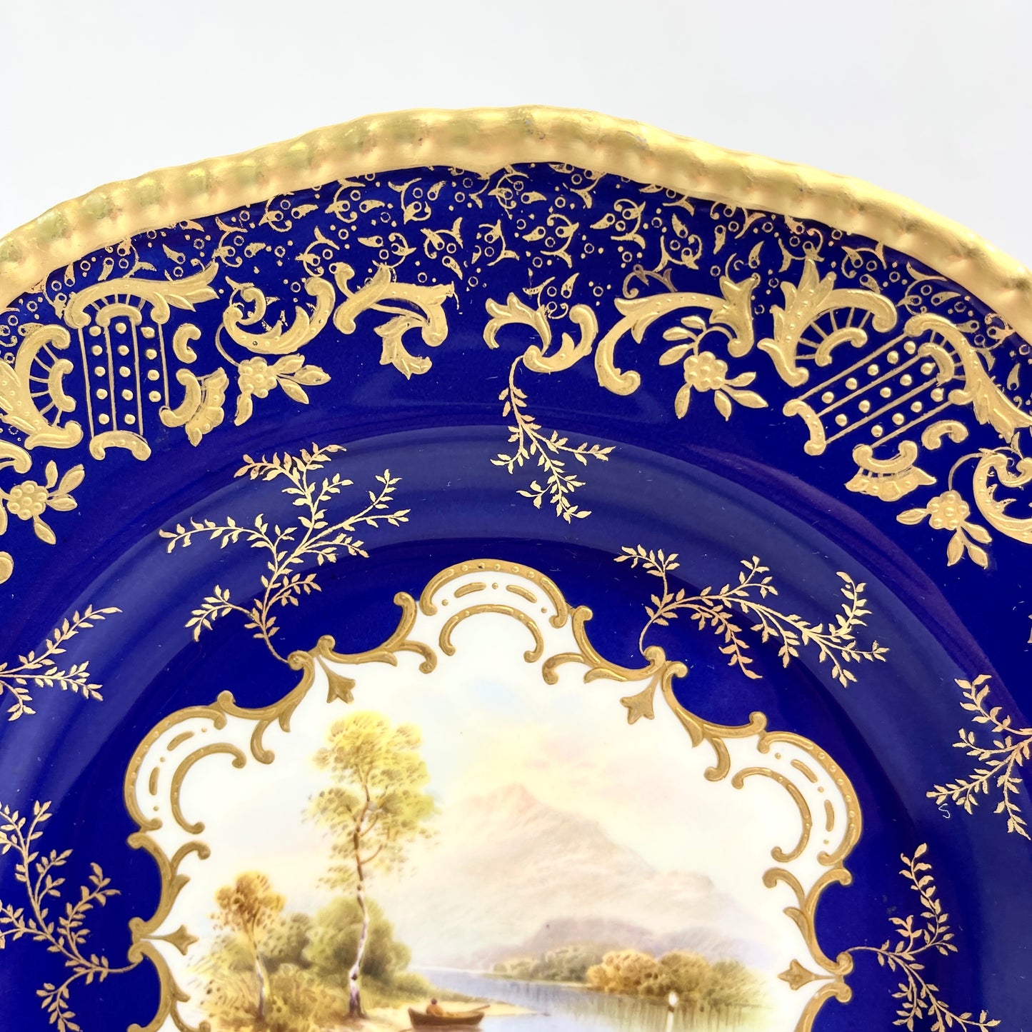 Antique Coalport Signed Cobalt and Gold Plate with Scenic Image