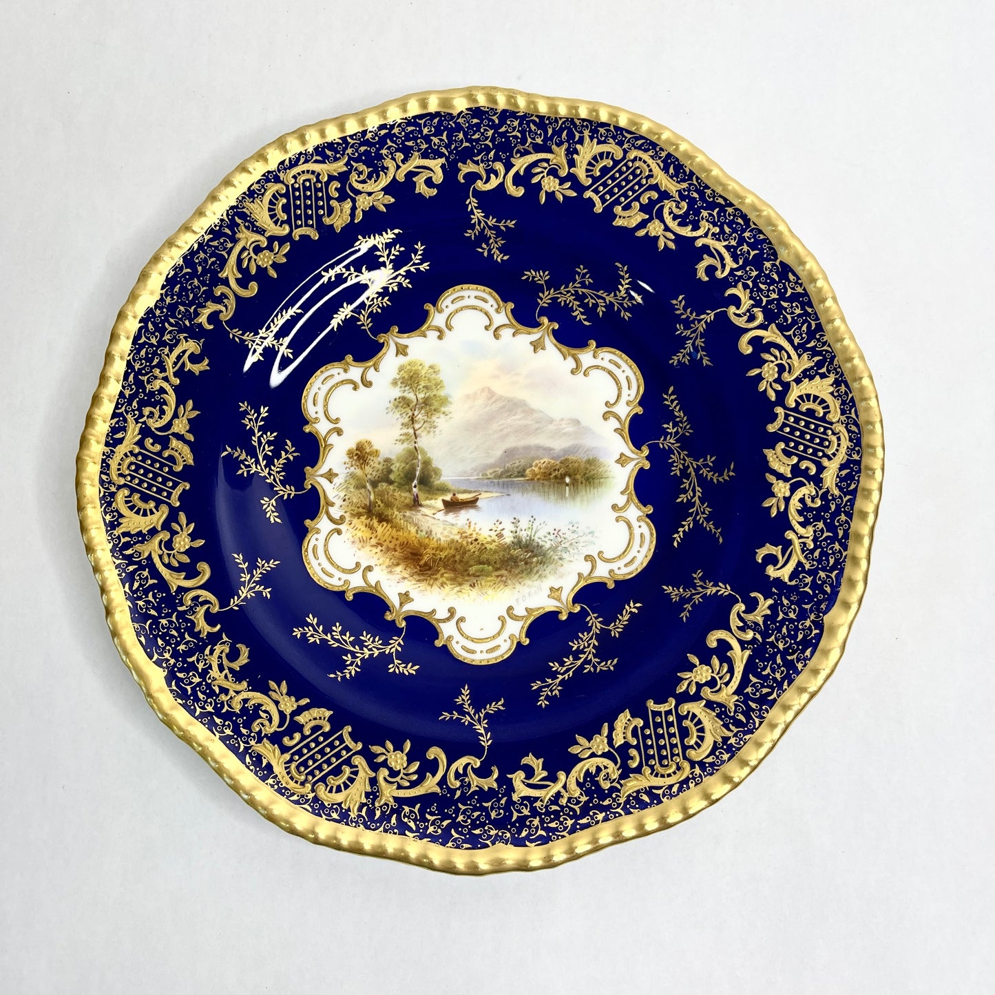 Antique Coalport Signed Cobalt and Gold Plate with Scenic Image