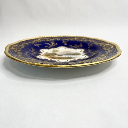 Antique Coalport Signed Cobalt and Gold Plate with Scenic Image