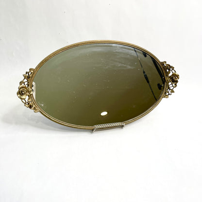 Vintage Mirrored Oval Vanity Tray with Gold Edging and Rose Handles - Made by Stylebuilt