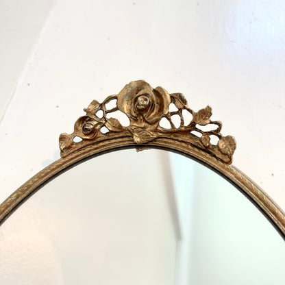 Vintage Mirrored Oval Vanity Tray with Gold Edging and Rose Handles - Made by Stylebuilt