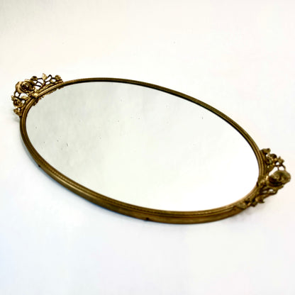 Vintage Mirrored Oval Vanity Tray with Gold Edging and Rose Handles - Made by Stylebuilt