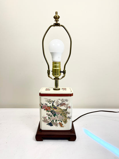 Vintage Peacock and Florals Porcelain Table Lamp with Shade