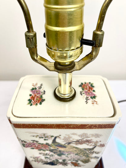 Vintage Peacock and Florals Porcelain Table Lamp with Shade