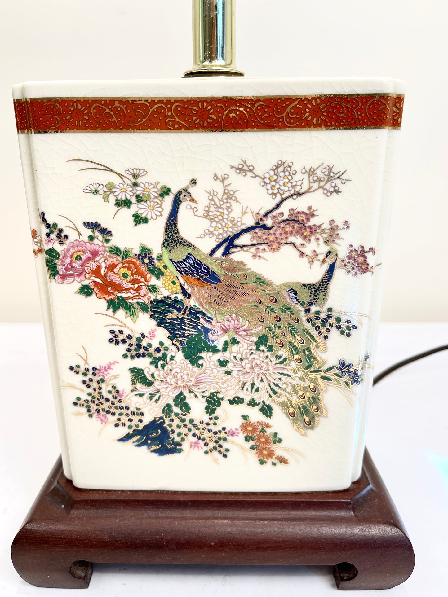 Vintage Peacock and Florals Porcelain Table Lamp with Shade