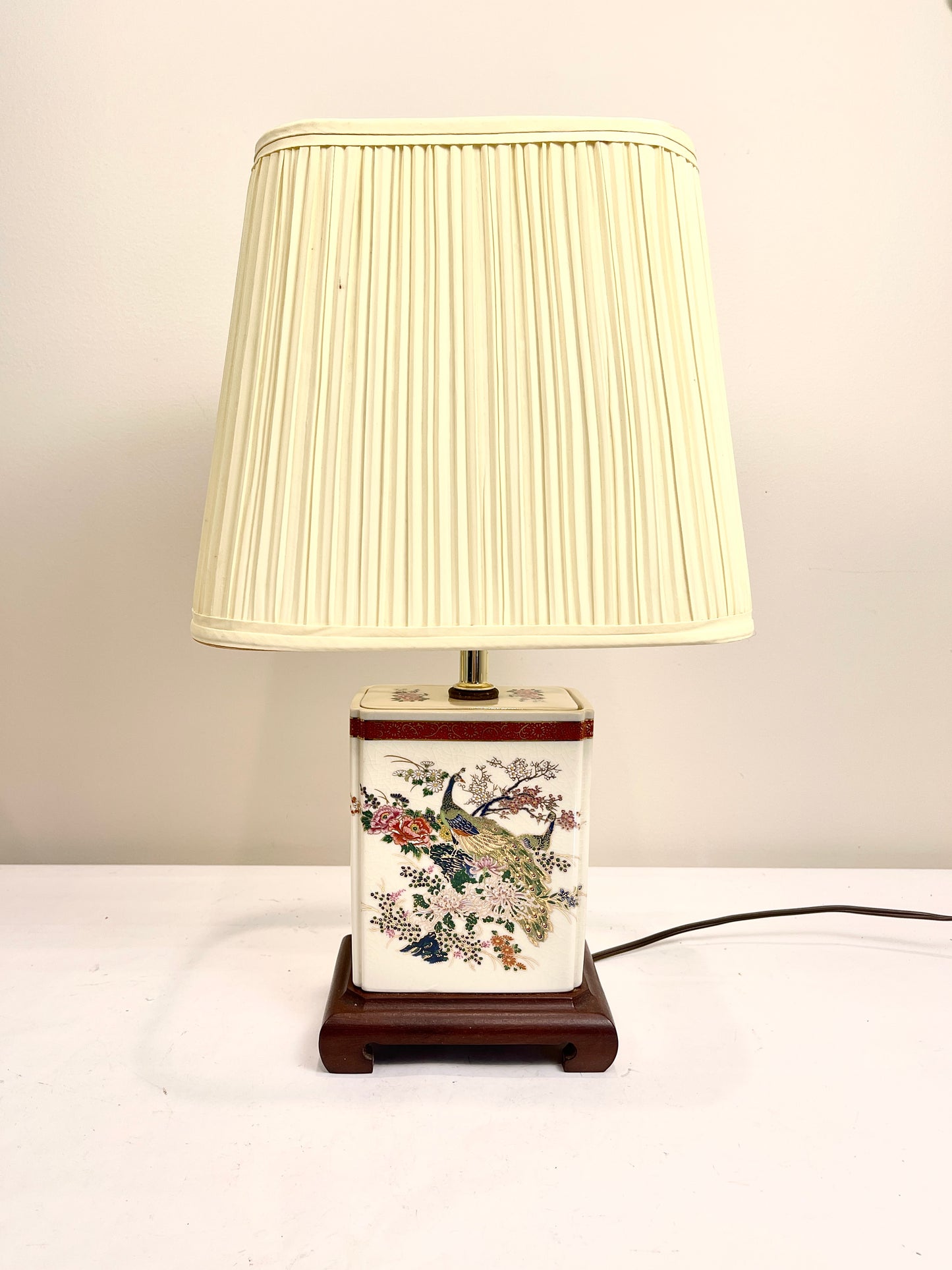 Vintage Peacock and Florals Porcelain Table Lamp with Shade
