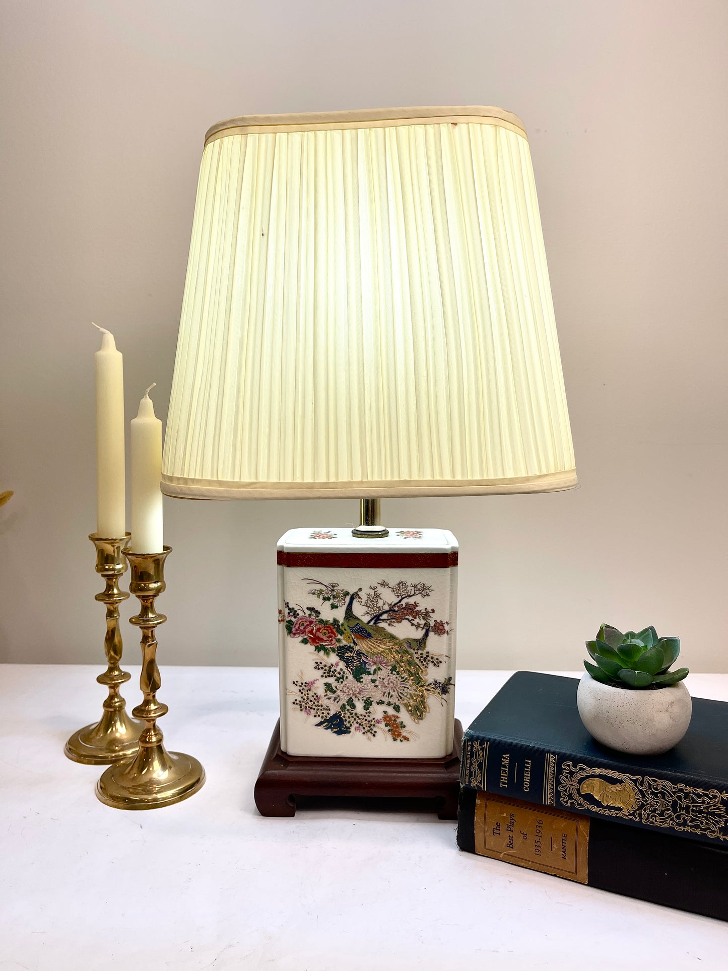 Vintage Peacock and Florals Porcelain Table Lamp with Shade