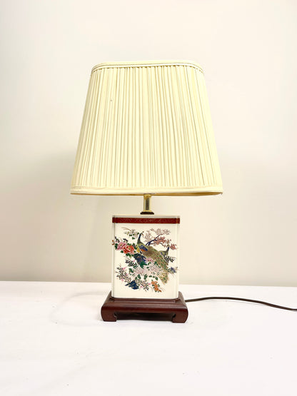 Vintage Peacock and Florals Porcelain Table Lamp with Shade