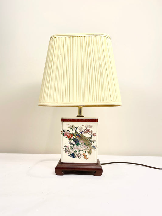 Vintage Peacock and Florals Porcelain Table Lamp with Shade