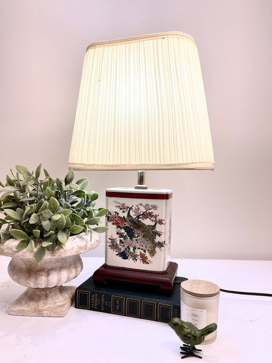 Vintage Peacock and Florals Porcelain Table Lamp with Shade