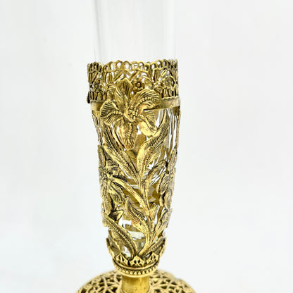 Vintage Bud Vase with Gold Ormulu Filigree and Glass Flute with Scalloped Edge Glass Insert
