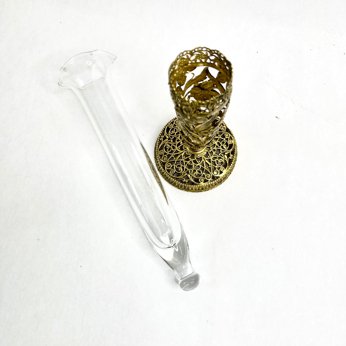 Vintage Bud Vase with Gold Ormulu Filigree and Glass Flute with Scalloped Edge Glass Insert