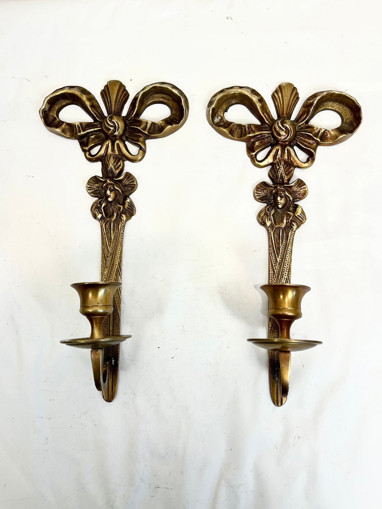 Vintage Brass Candle Sconces: Bow Design