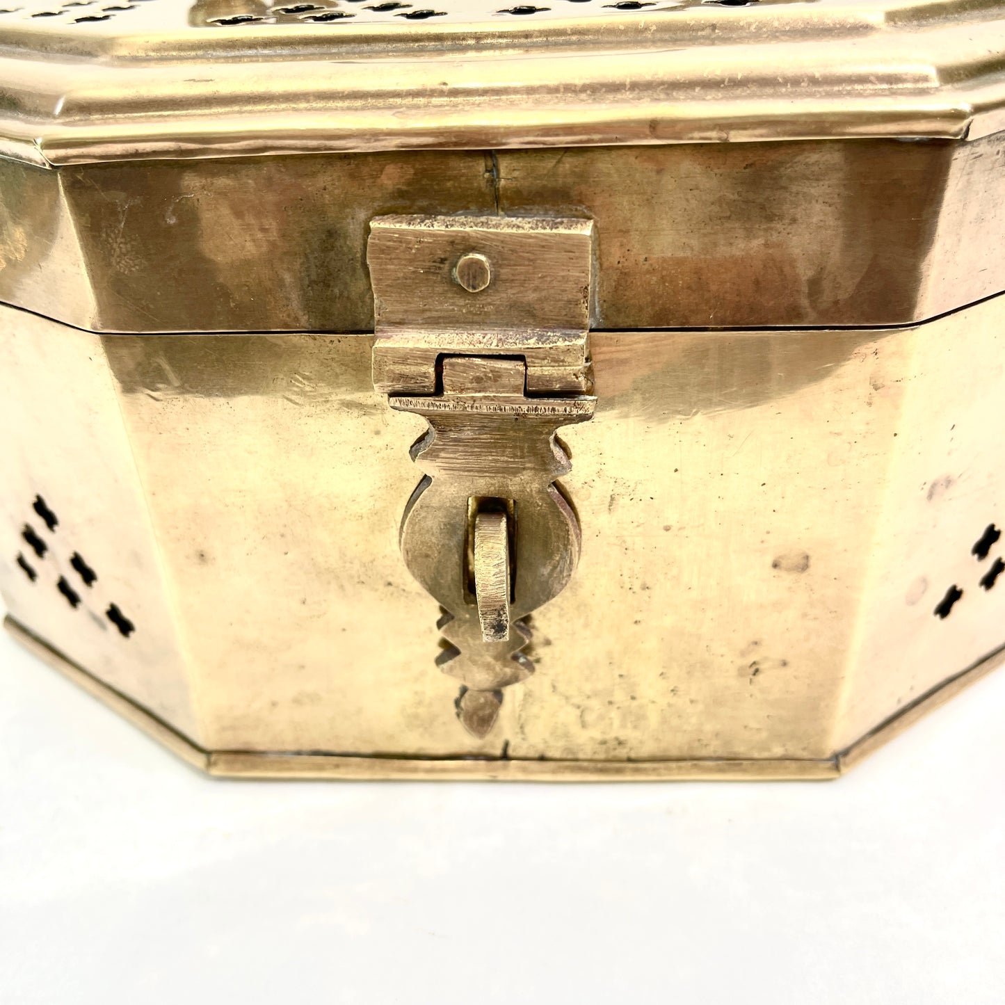 Vintage Brass Large Cricket Box with Hinged Lid - Octagon Shape