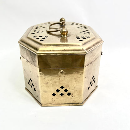 Vintage Brass Large Cricket Box with Hinged Lid - Octagon Shape