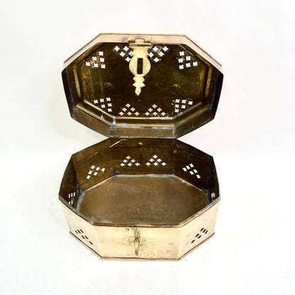 Vintage Brass Large Cricket Box with Hinged Lid - Octagon Shape