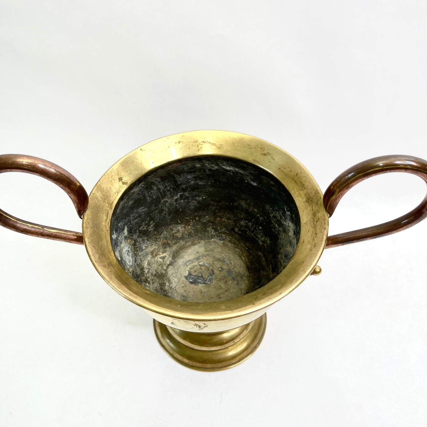 Vintage Brass Pedestal Bowl with Curvy Copper Handles