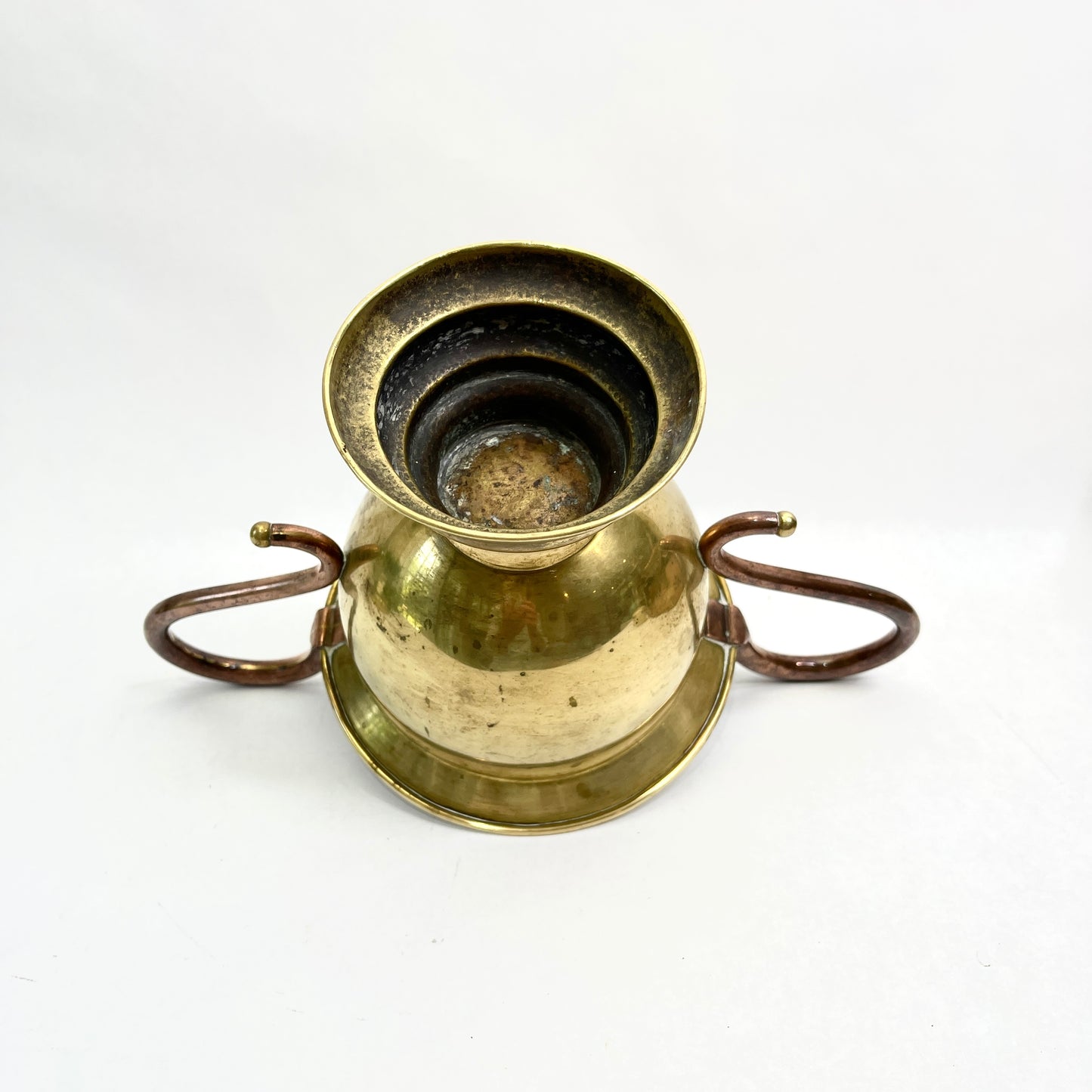 Vintage Brass Pedestal Bowl with Curvy Copper Handles