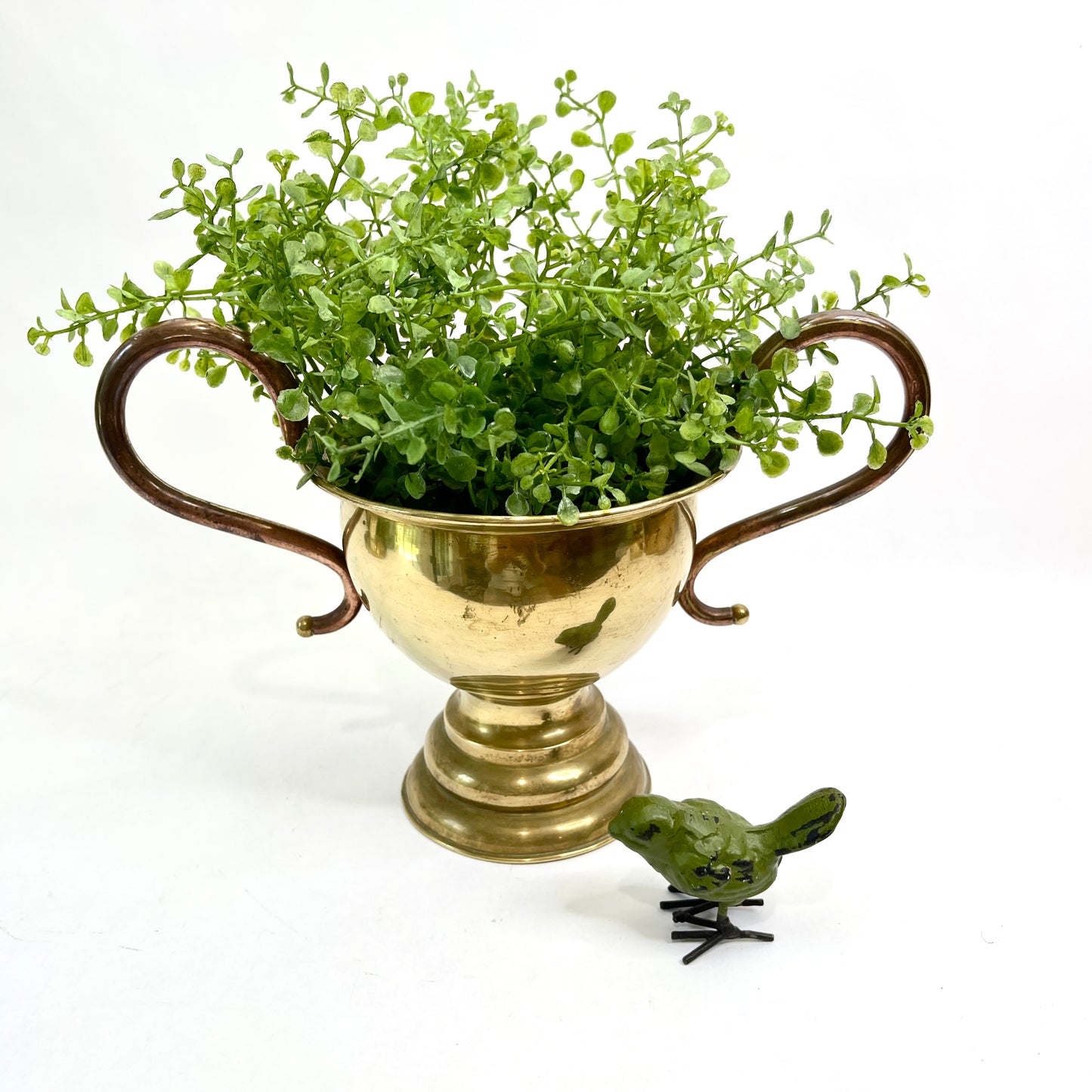 Vintage Brass Pedestal Bowl with Curvy Copper Handles