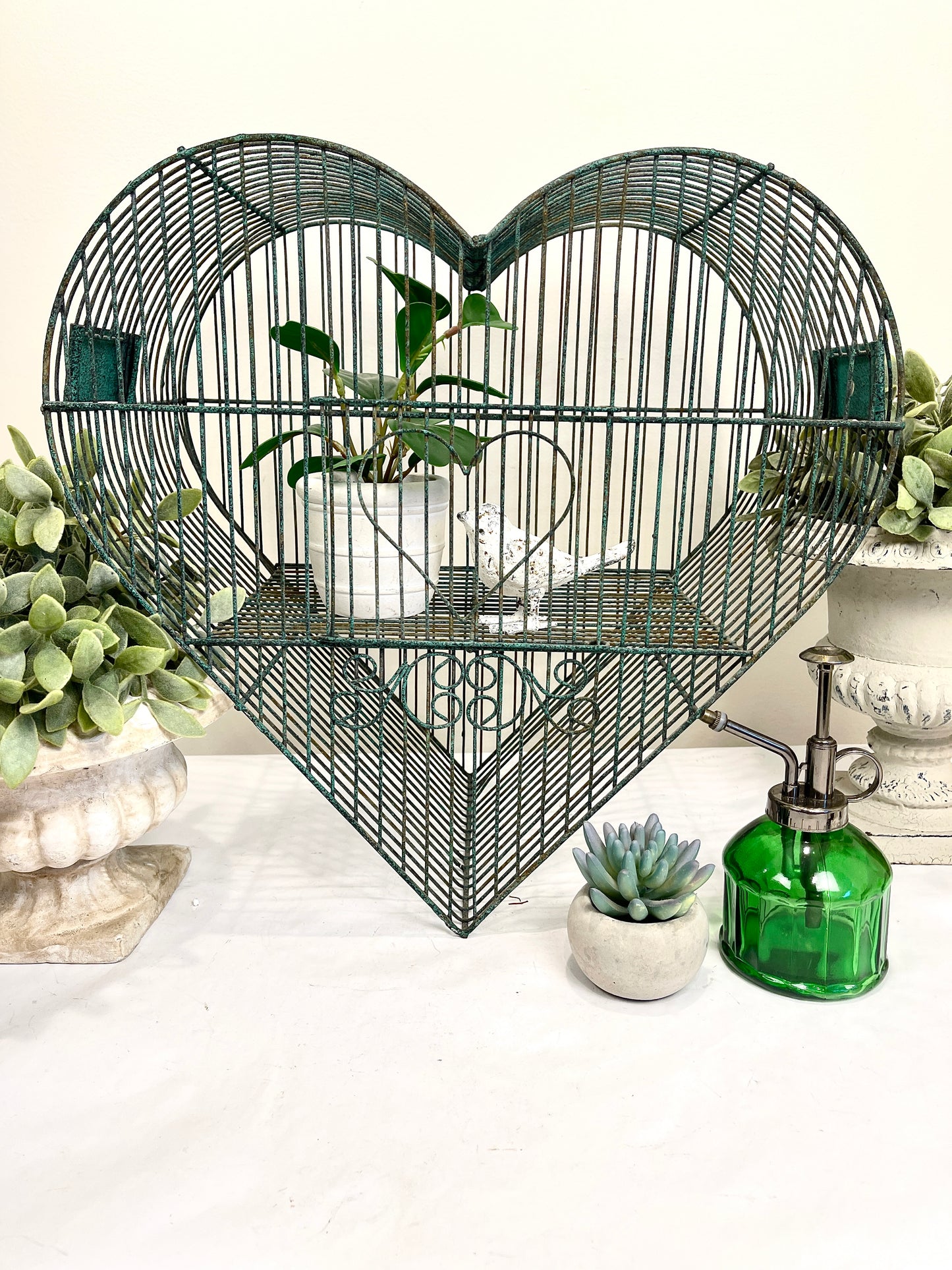 Vintage Heart Birdcage with Hanger: Green Wrought Iron