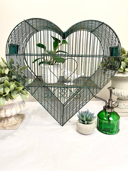 Vintage Heart Birdcage with Hanger: Green Wrought Iron