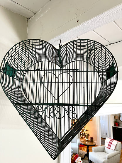 Vintage Heart Birdcage with Hanger: Green Wrought Iron