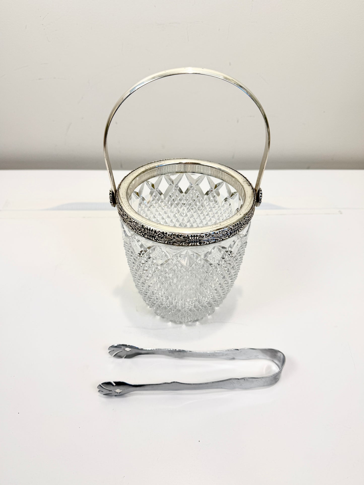 Crystal Ice Bucket with Silverplate Rim & Handle