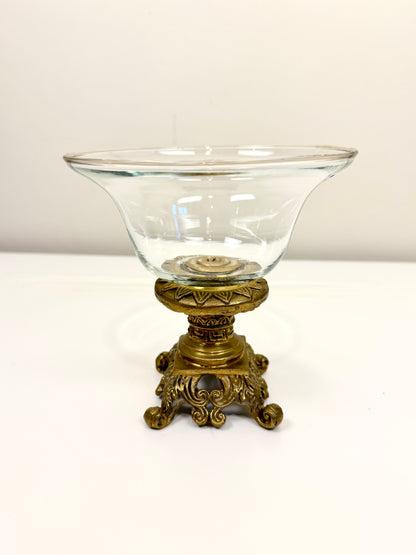 Vintage Glass Bowl on Ornate Brass Stand