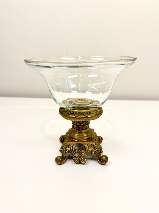 Vintage Glass Bowl on Ornate Brass Stand